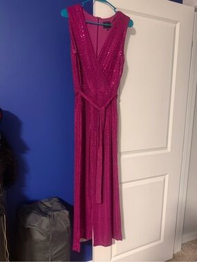 Sleeveless Fuchsia Sequin Wrap Maxi Dress with Self-Tie Waist